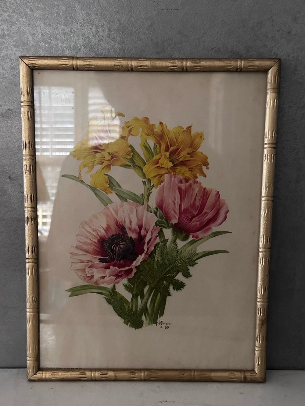 Vintage 1940s CARVED/PRESSED WOOD FRAME WITH Seguy PRINT